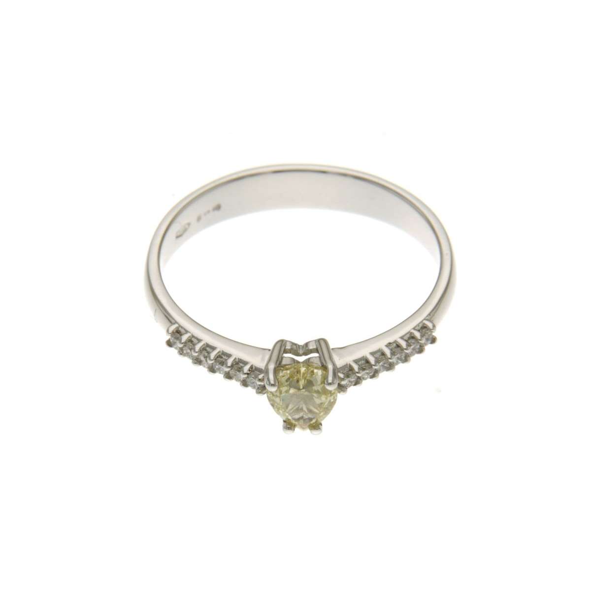 Solitaire ring with white diamonds 0.12 carats G-VS1 and fancy yellow heart cut diamond 0.48 carats FY-VS2