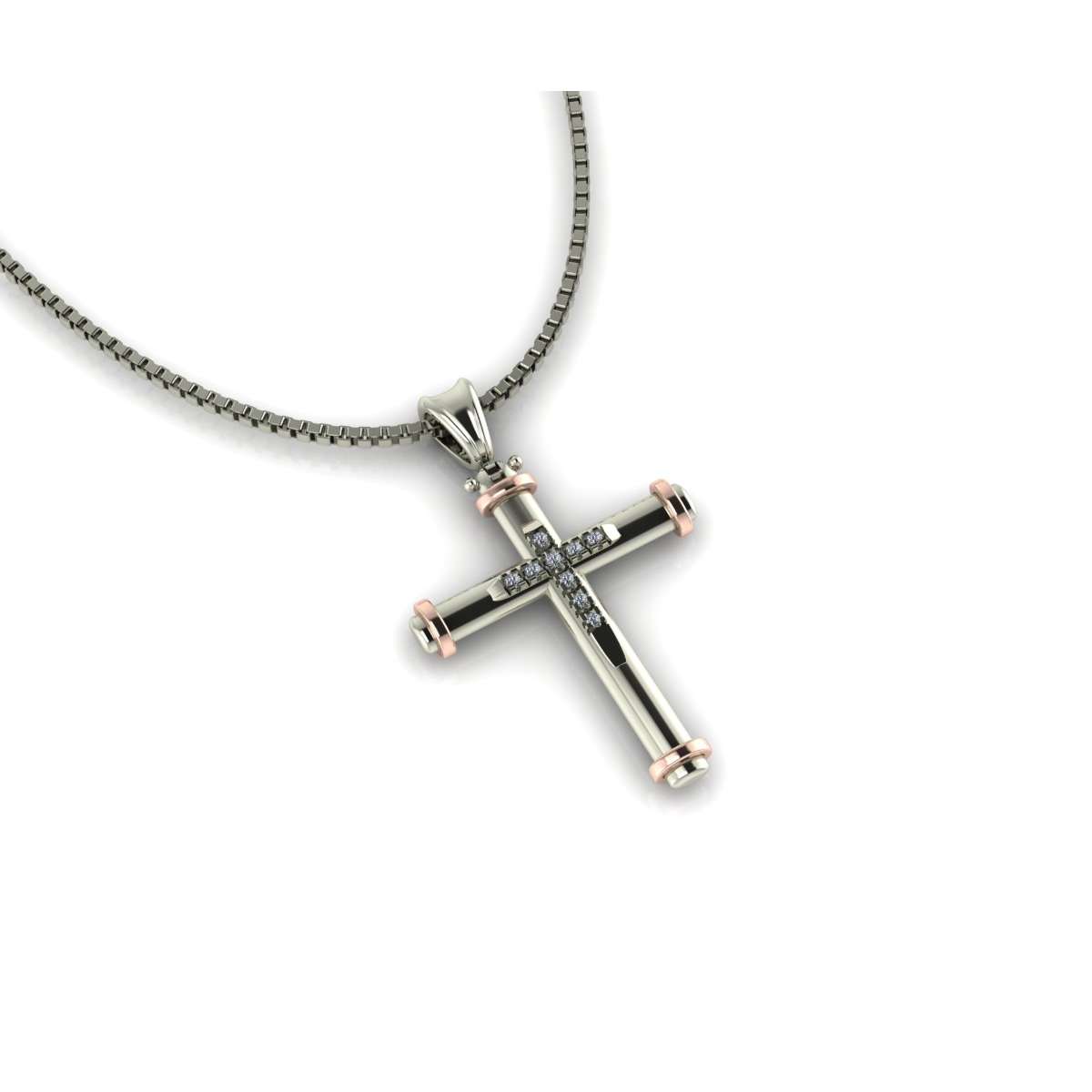 Cross necklace made of white and pink gold with diamonds g-vs1 carat 0.05