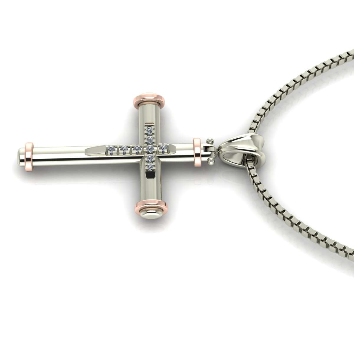 Cross necklace made of white and pink gold with diamonds g-vs1 carat 0.05