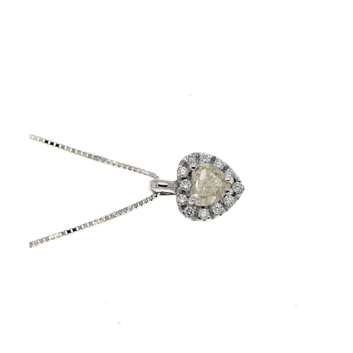 Collana Pendente Carissima In Oro Bianco 9kt Con Cuore Di Diamante E Zirconi, 46 Cm