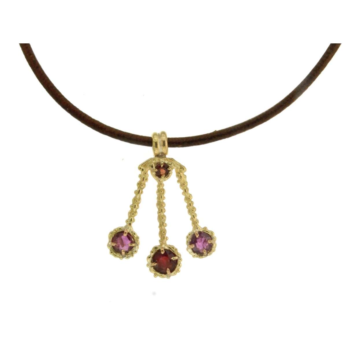 Leather and central necklace in lost wax yellow gold with garnet 2.86 ct