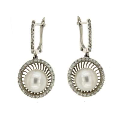 Dangling earrings pearls 9 mm 0.60 carats diamonds G-VS1  