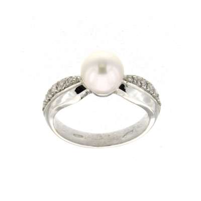 White gold pearl ring 8mm 0.14 carats diamonds G Color VS1 Clarity