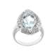 White gold ring with teardrop aquamarine 5.15 cts. surrounded by pave diamonds 0.32 carats G-VVS1