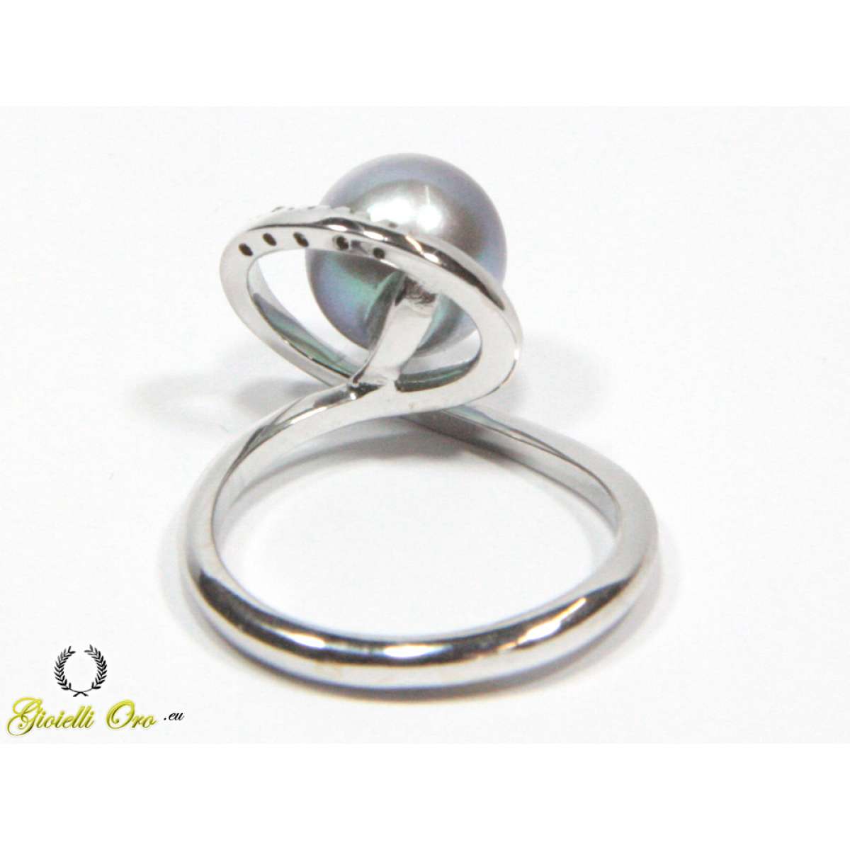 White gold ring with large gray pearl 9mm 0.015 carats diamonds G-VS1