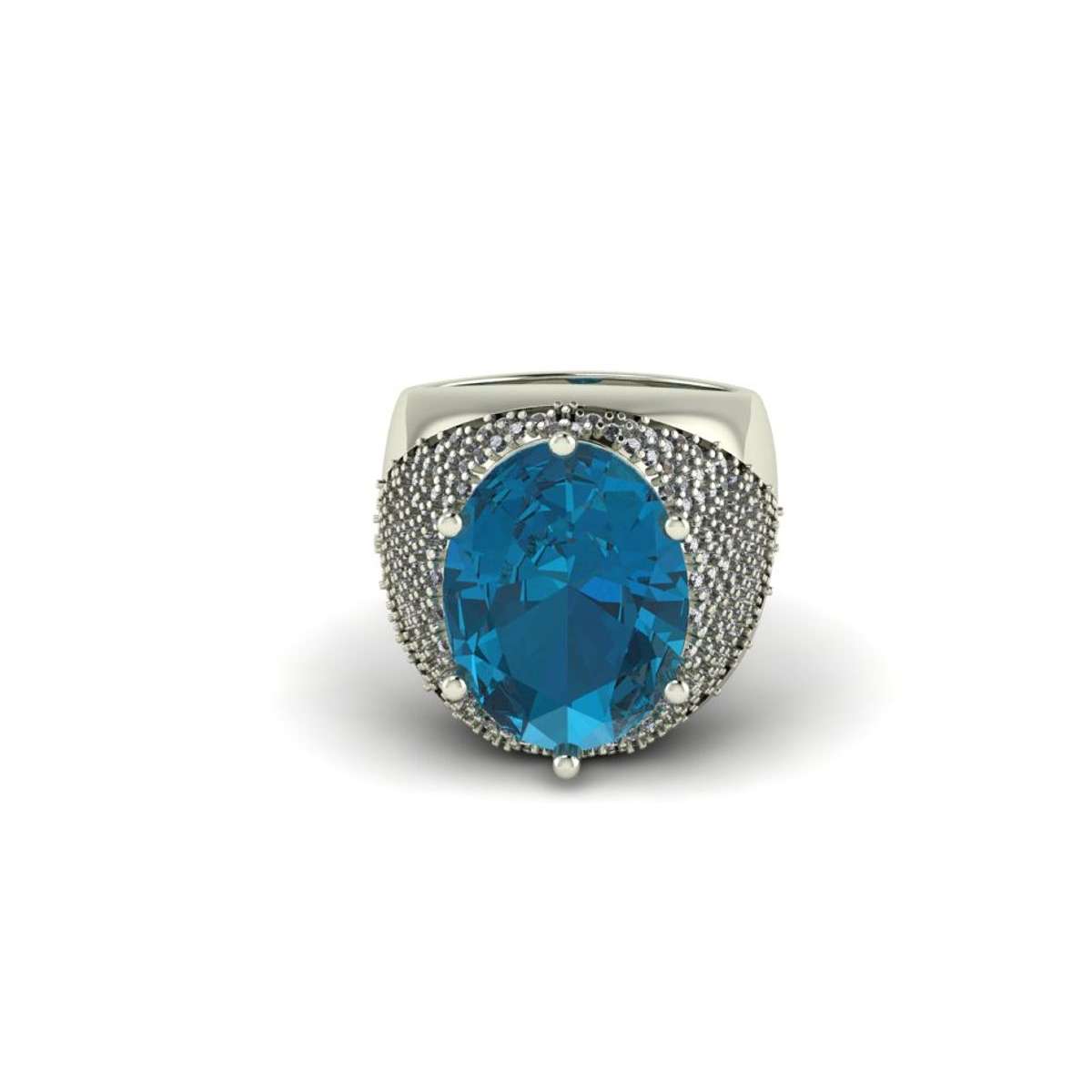 Large white gold band ring azure topaz 9 cts. 1.20 carats diamonds G-VS1 