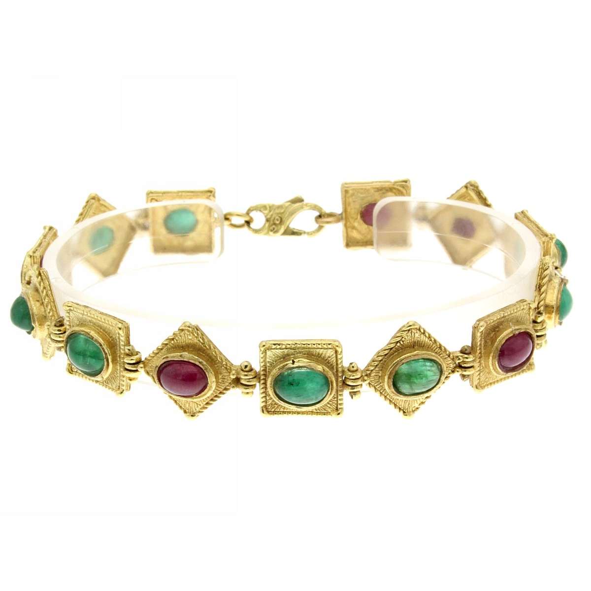 Lost wax casting bracelet with ruby and emerald root