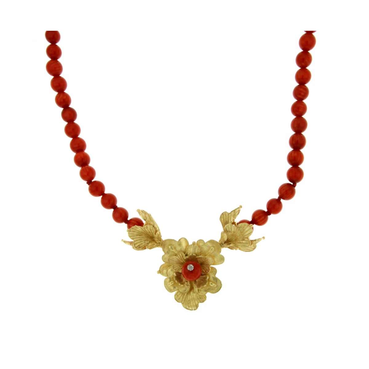 Coral necklace Lost wax casting yellow gold central 0.003 carats diamond G-VS1