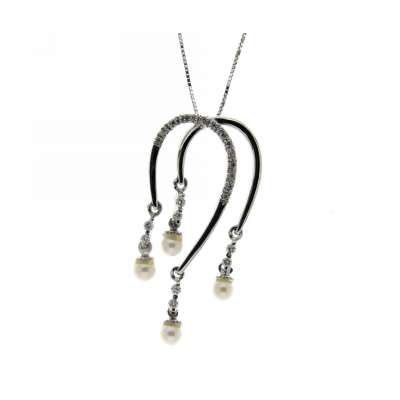 Necklace with 4 pearls 3.50mm 0.18 carats diamonds G-VS1