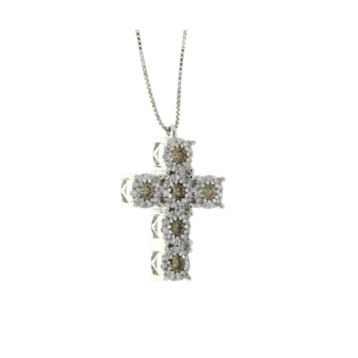 White gold cross necklace decorated settings 0.69 total carats brown and white diamonds G-VS1