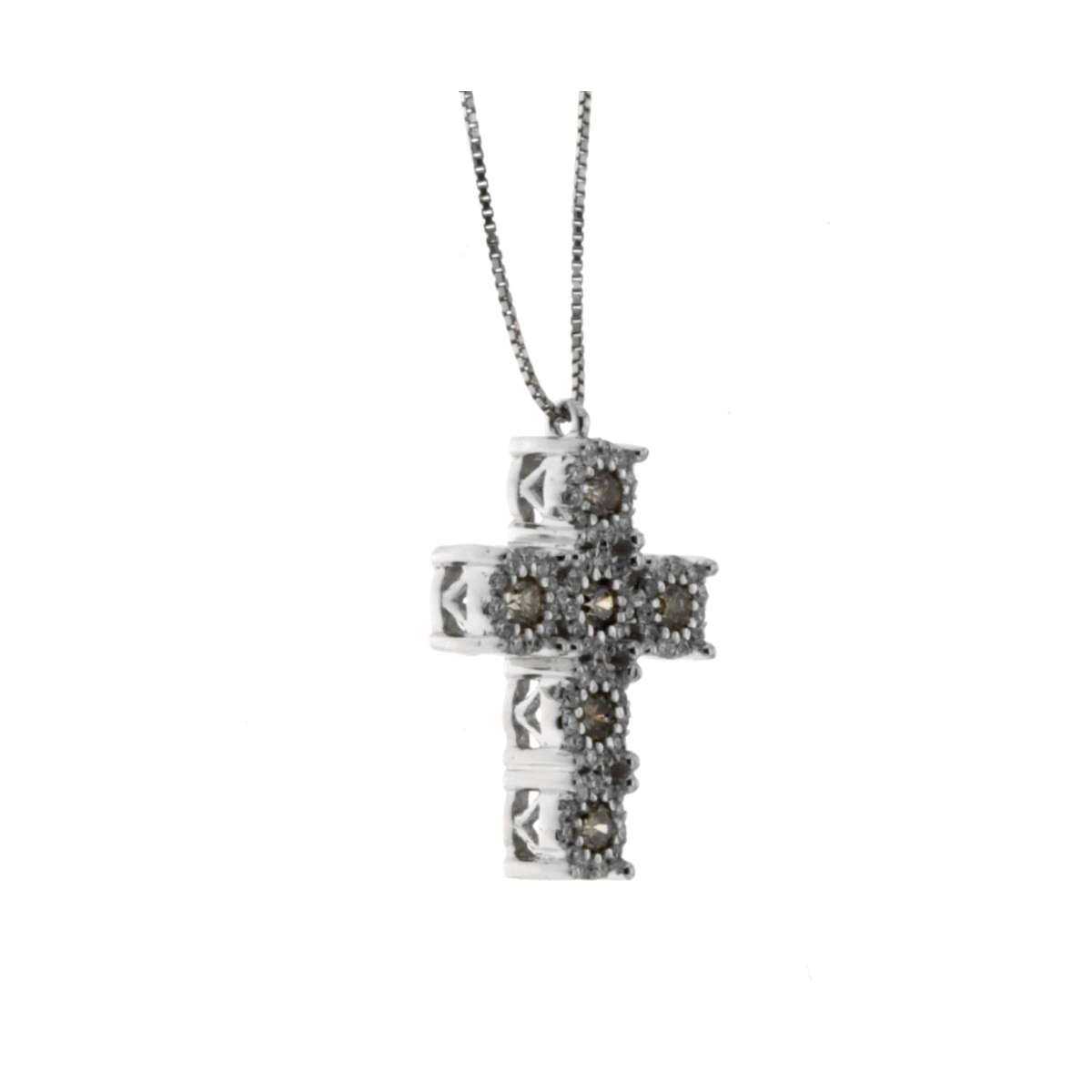 White gold cross necklace decorated settings 0.69 total carats brown and white diamonds G-VS1