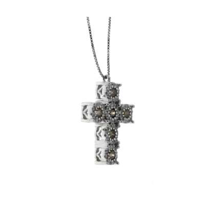 White gold cross necklace decorated settings 0.69 total carats brown and white diamonds G-VS1