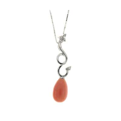 Necklace with twist pendant pink coral drop 5.16 cts. 0.04 carats diamond G-VS1