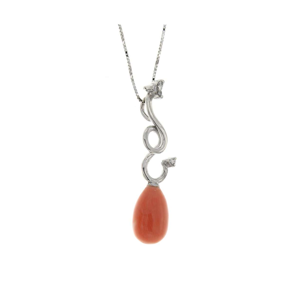 Necklace with twist pendant pink coral drop 5.16 cts. 0.04 carats diamond G-VS1