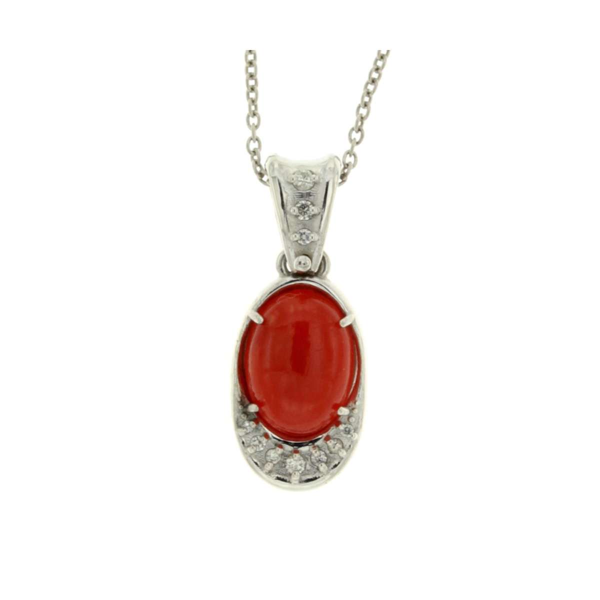 Necklace with oval pendant red coral drop 2.08 cts. 0.13 carats diamond G-VS1