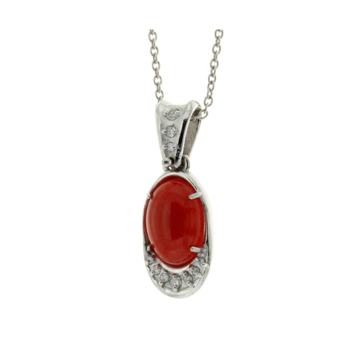 Necklace with oval pendant red coral drop 2.08 cts. 0.13 carats diamond G-VS1