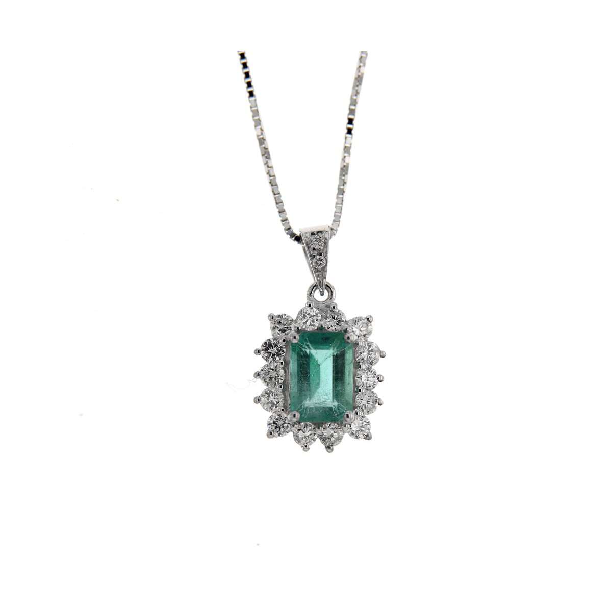 Collana in oro bianco 18 kt smeraldo rettangolare carati 0.85 diamanti carati 0,46 G-VS1