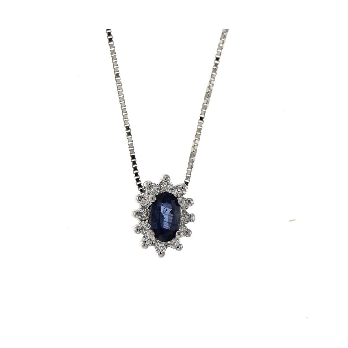 Oval blue sapphire necklace 0.35 ct diamonds 0.12 ct G-VS1