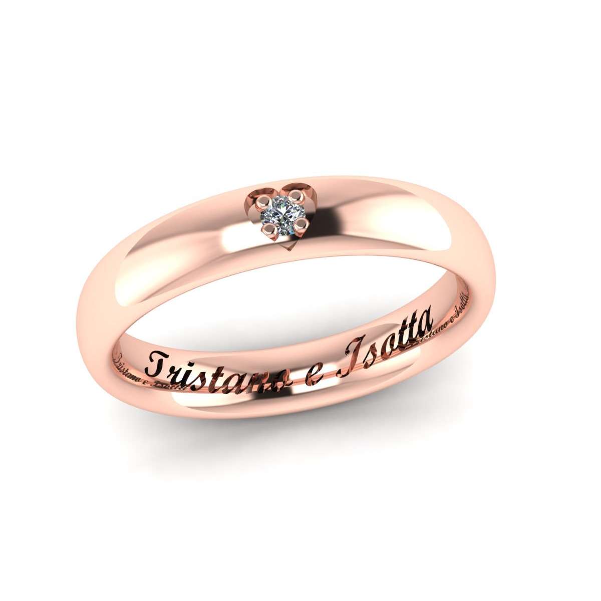 Pink gold comfort fit handcrafted wedding ring Tristan and Isolde heart shape decoration 0.03 carats diamonds G-VVS1
