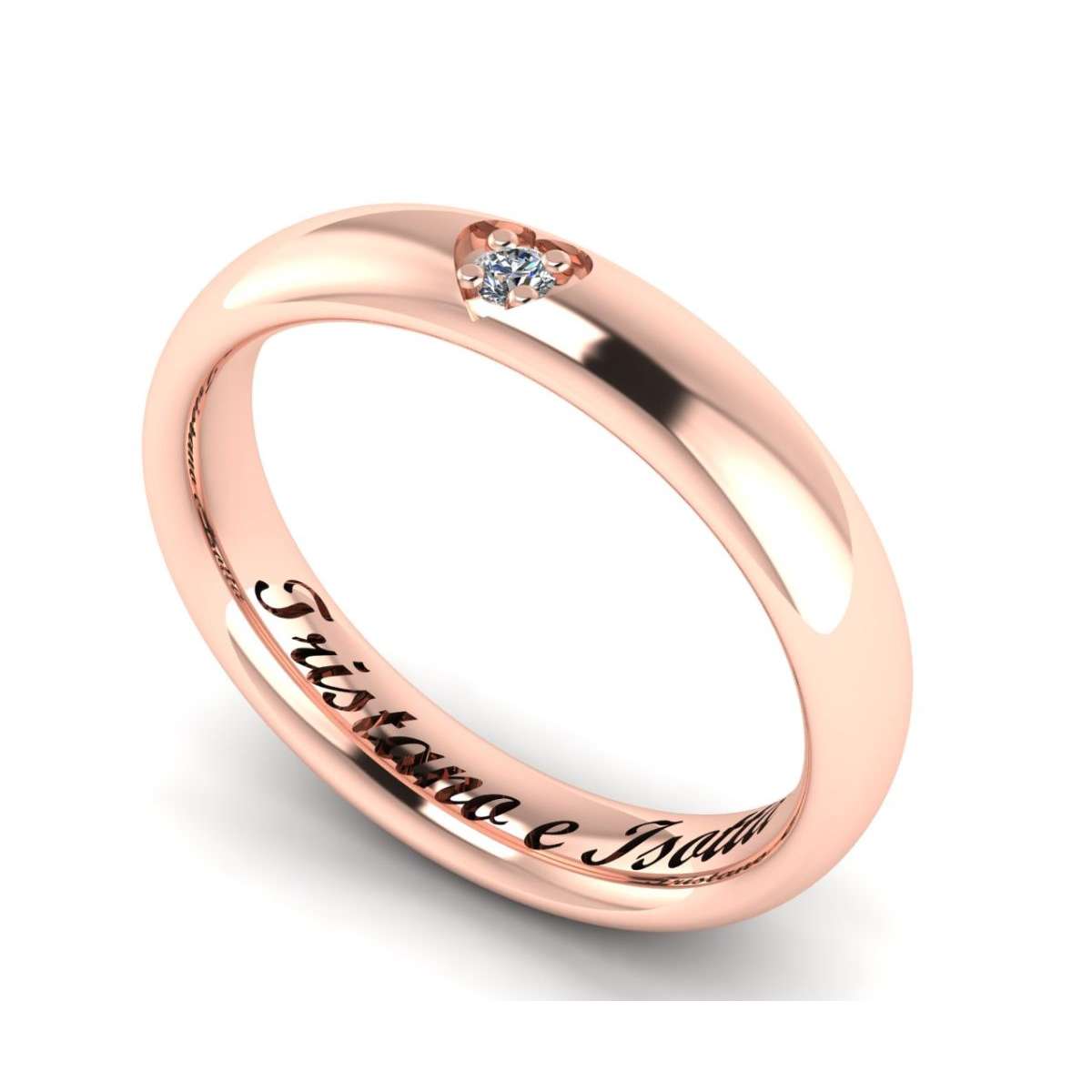 Pink gold comfort fit handcrafted wedding ring Tristan and Isolde heart shape decoration 0.03 carats diamonds G-VVS1