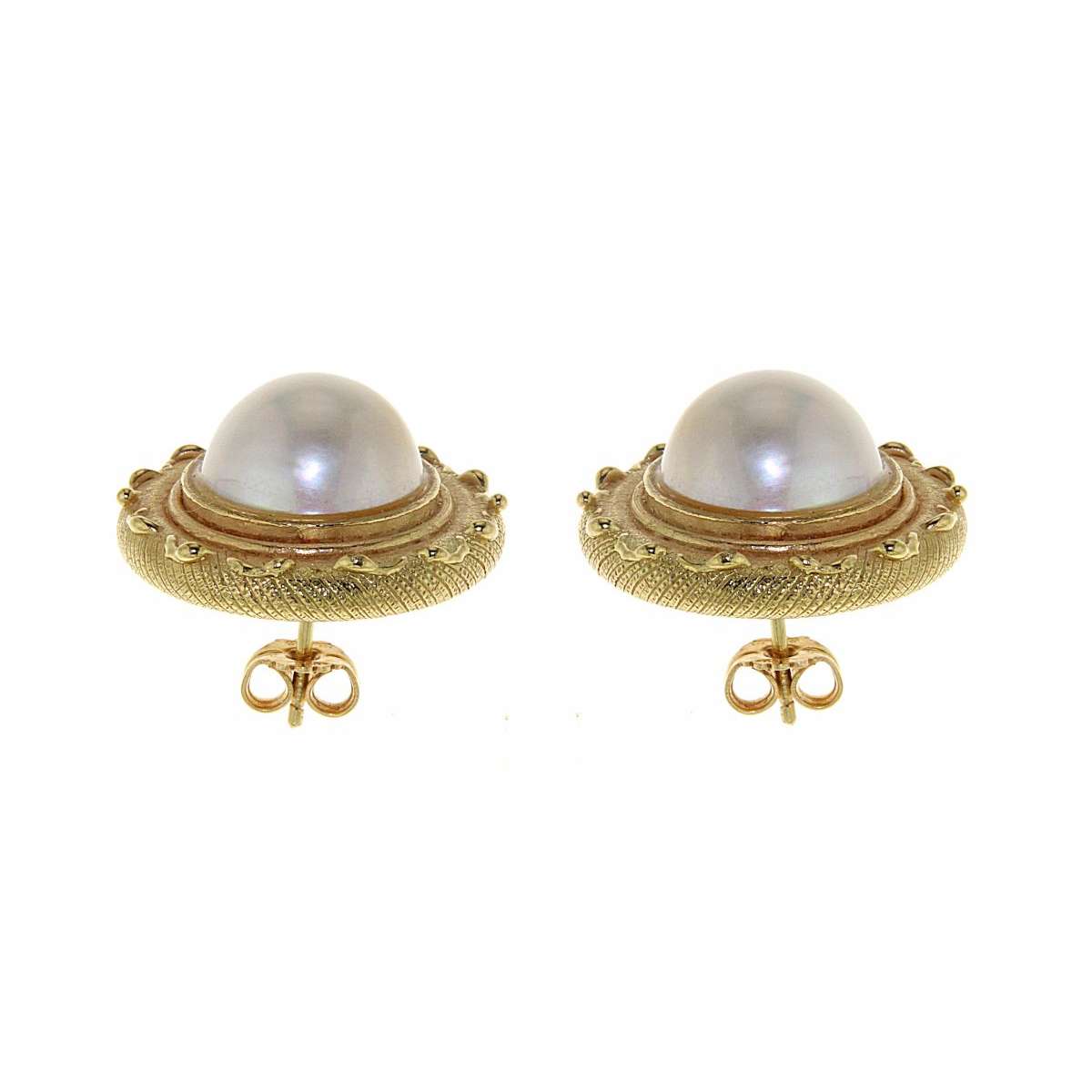 Lost wax casting yellow gold earrings mabe pearls 12.00 mm