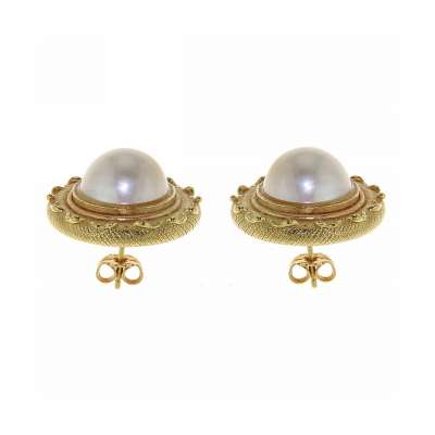 Lost wax casting yellow gold earrings mabe pearls 12.00 mm