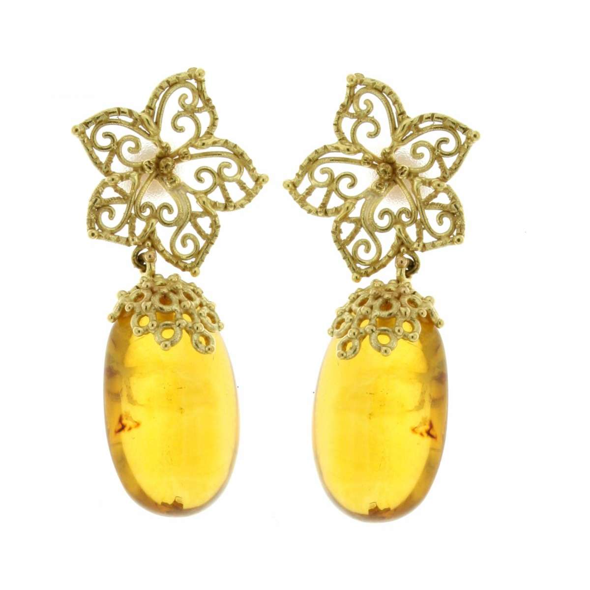 Lost wax casting yellow gold earrings irregular cut amber