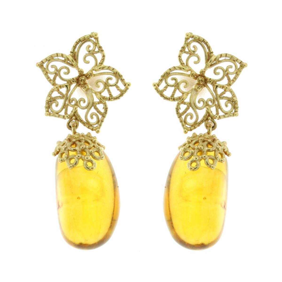 Lost wax casting yellow gold earrings irregular cut amber