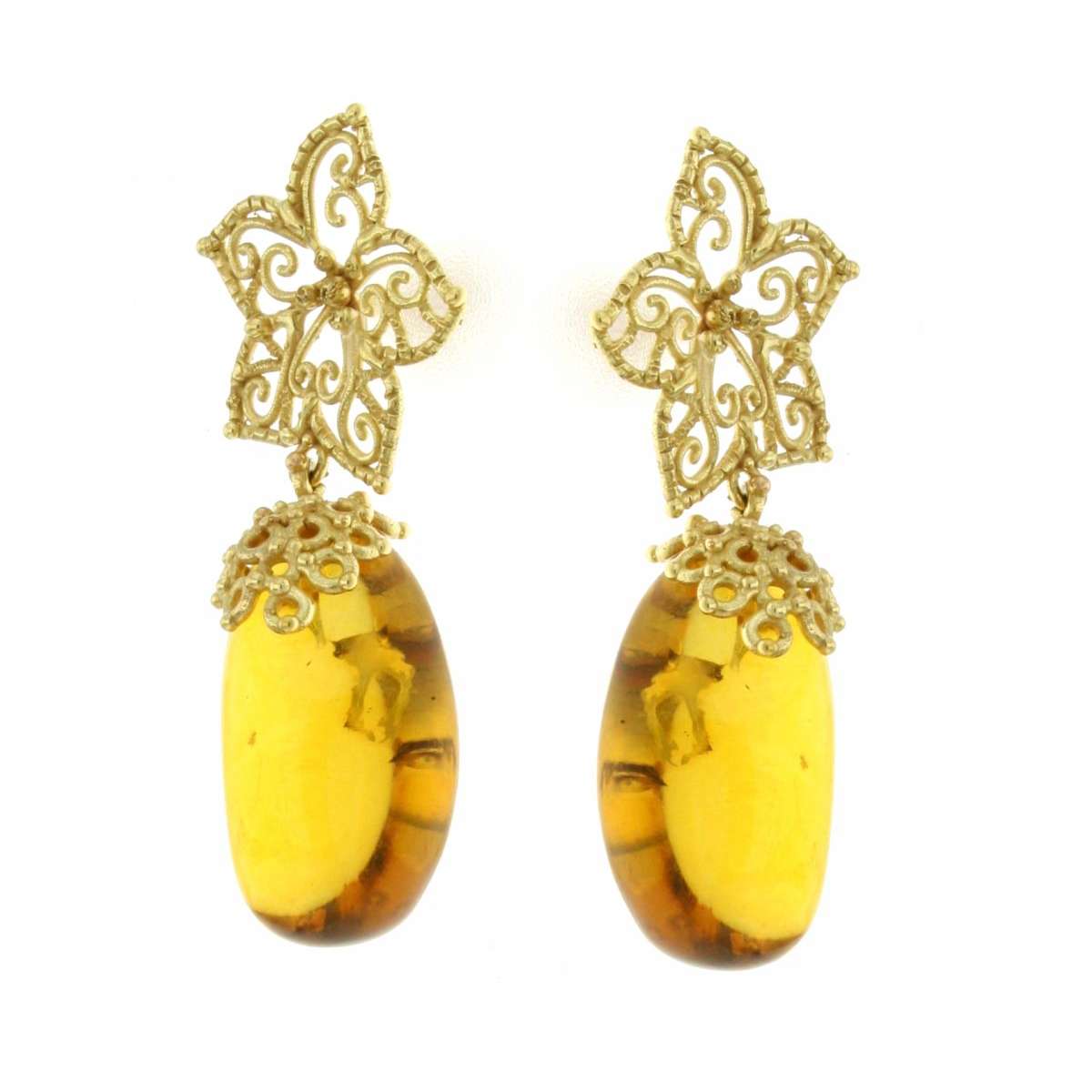 Lost wax casting yellow gold earrings irregular cut amber