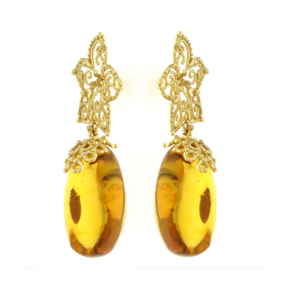 Lost wax casting yellow gold earrings irregular cut amber