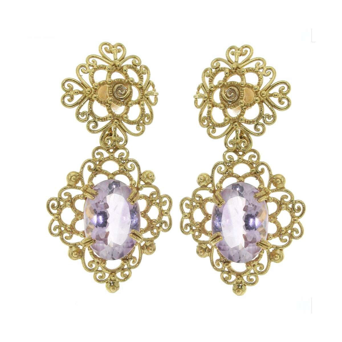 Lost wax casting yellow gold floral earrings amethyst 9.60 cts.