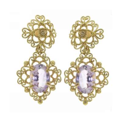 Lost wax casting yellow gold floral earrings amethyst 9.60 cts.