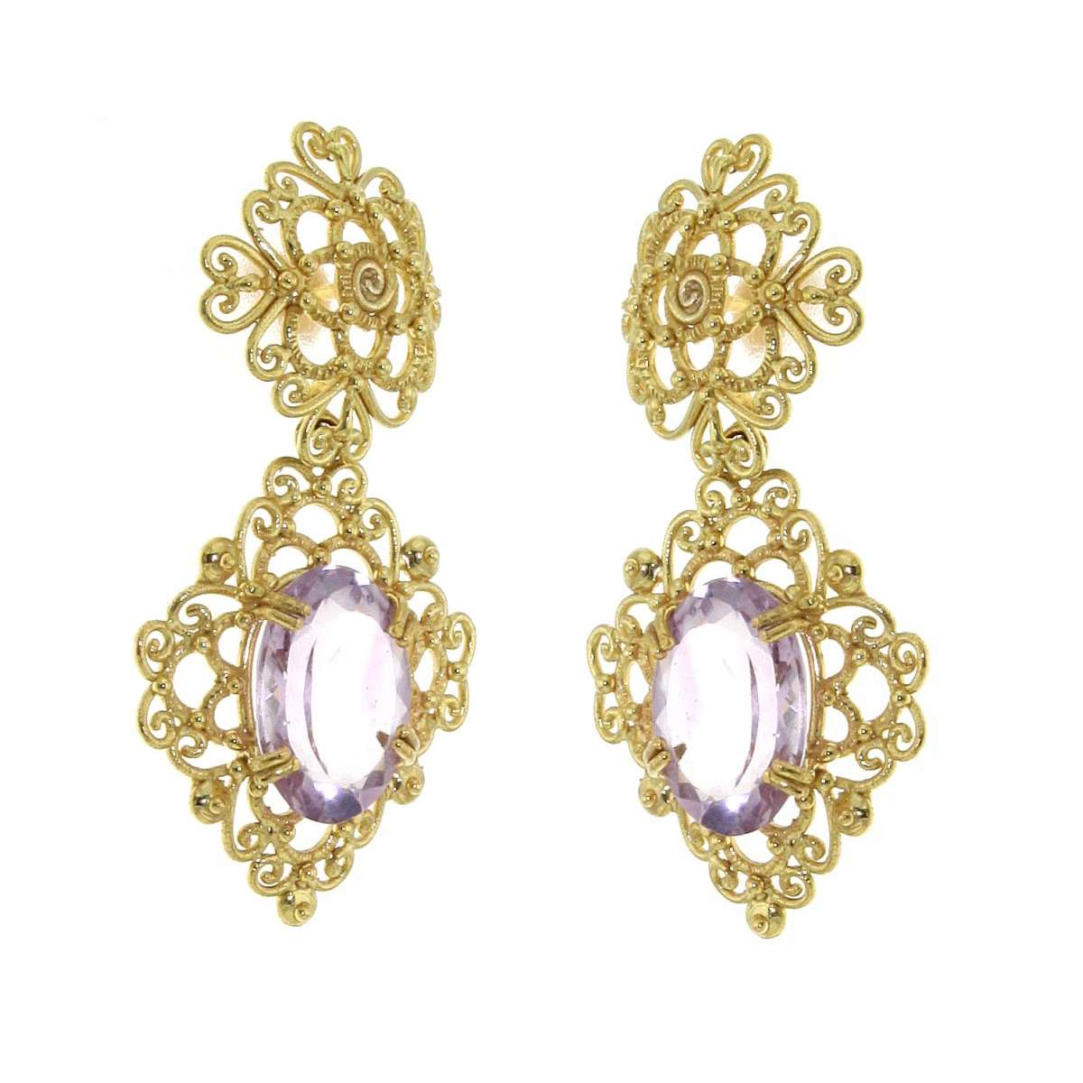 Lost wax casting yellow gold floral earrings amethyst 9.60 cts.