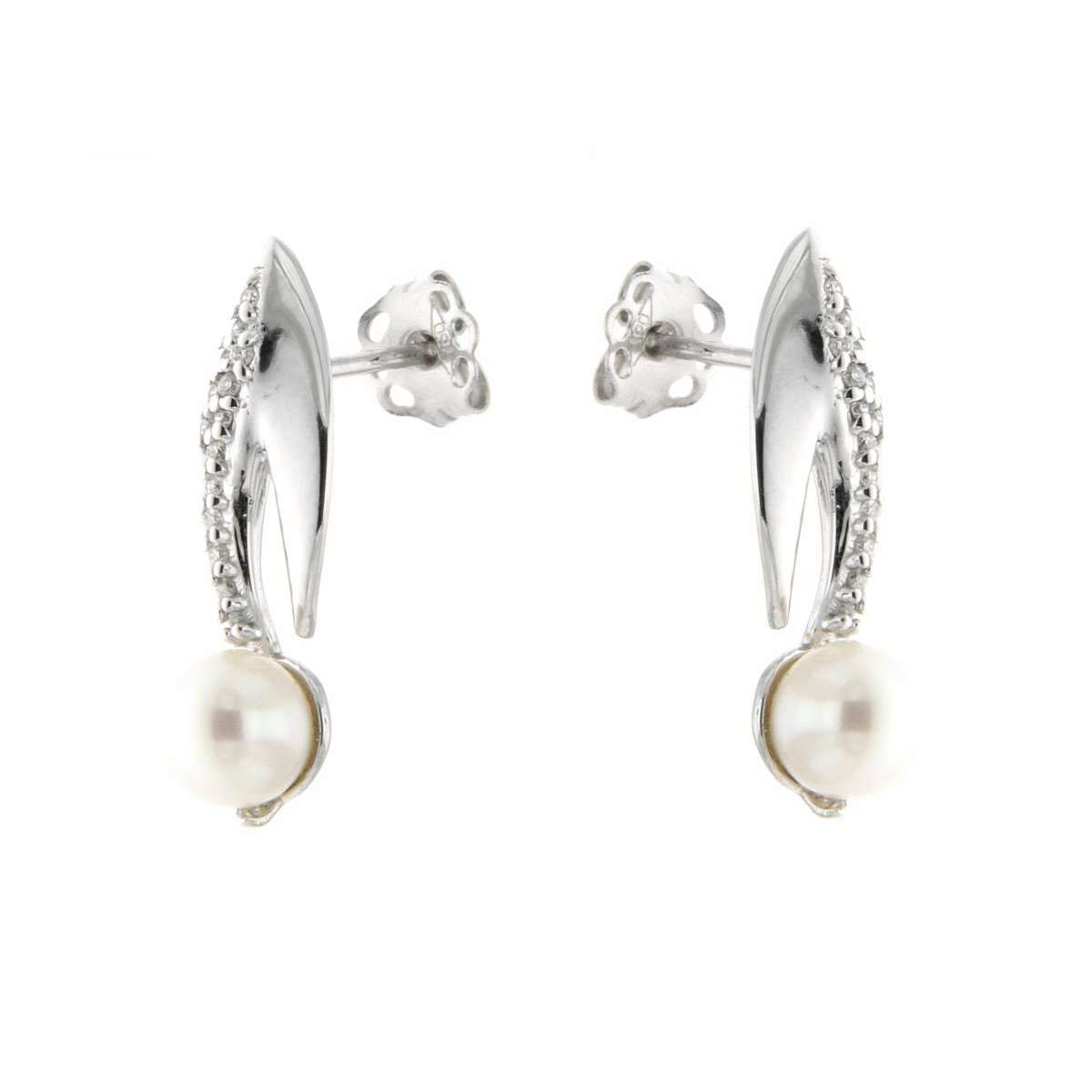 White gold dangling earrings pearls 5mm 0.14 carats diamonds G-VS1  