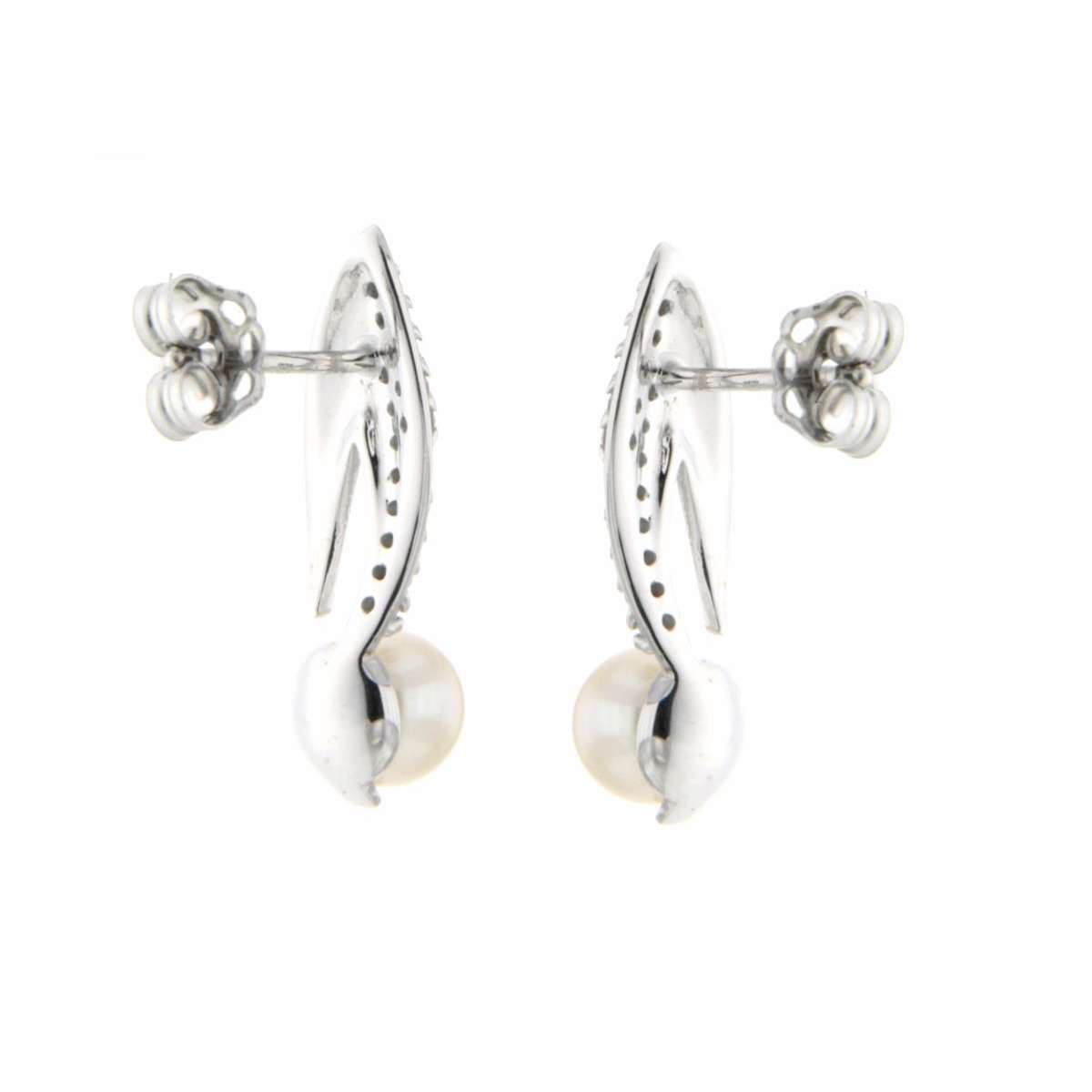 White gold dangling earrings pearls 5mm 0.14 carats diamonds G-VS1  