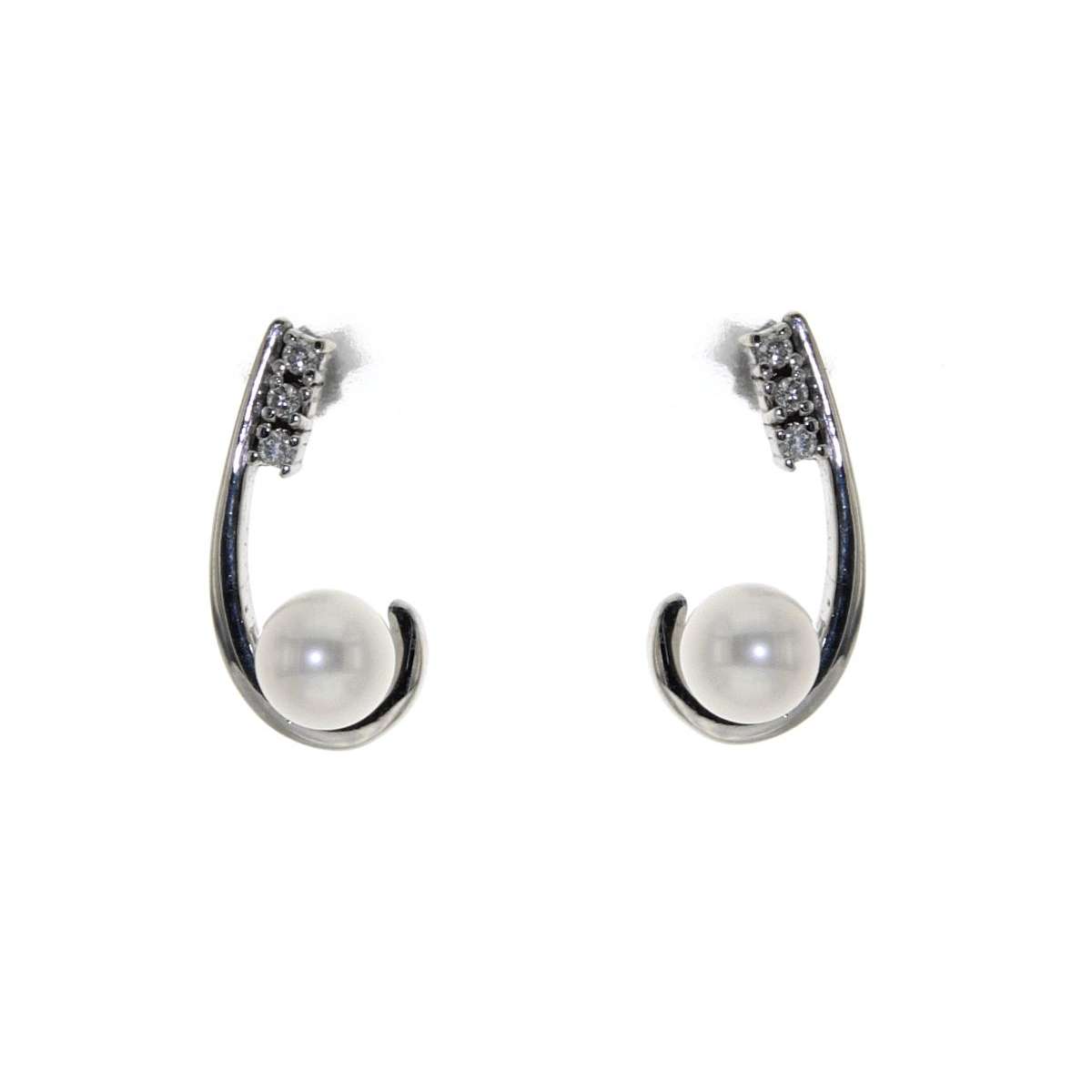 Orecchini amo oro bianco perle mm 6 diamanti carati 0,12 G-VS1