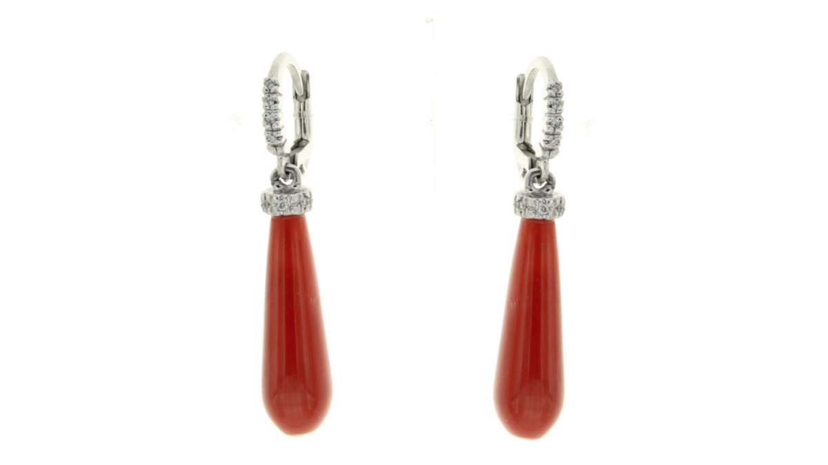 Orecchini Pendenti Placcati Oro Bianco 18K – Gocce Ornate Con Cristalli Rosso Arancio, In Confezione Regalo