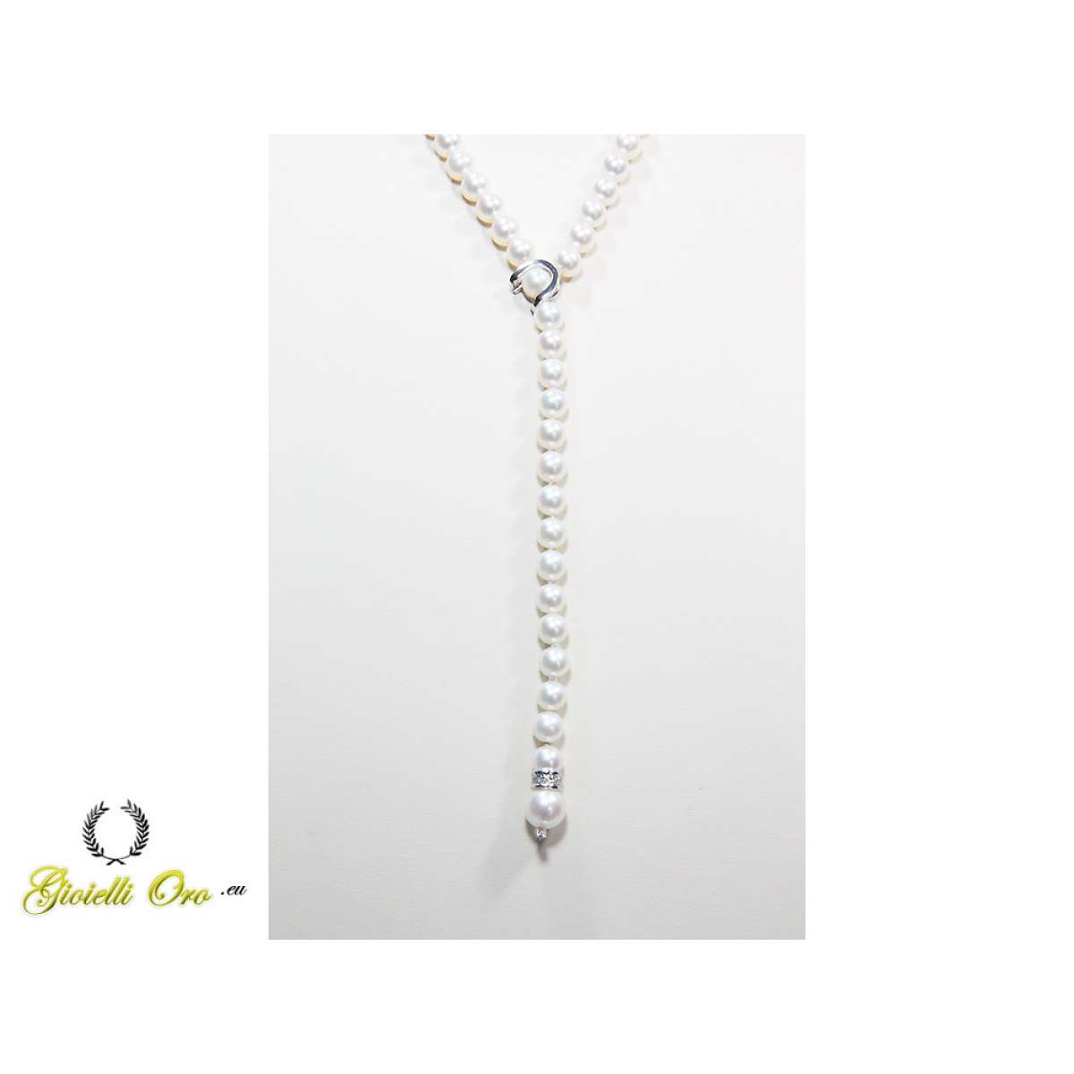 White gold lariat necklace Pearls 7.5mm and 10mm 0.06 carats diamonds G-VS1