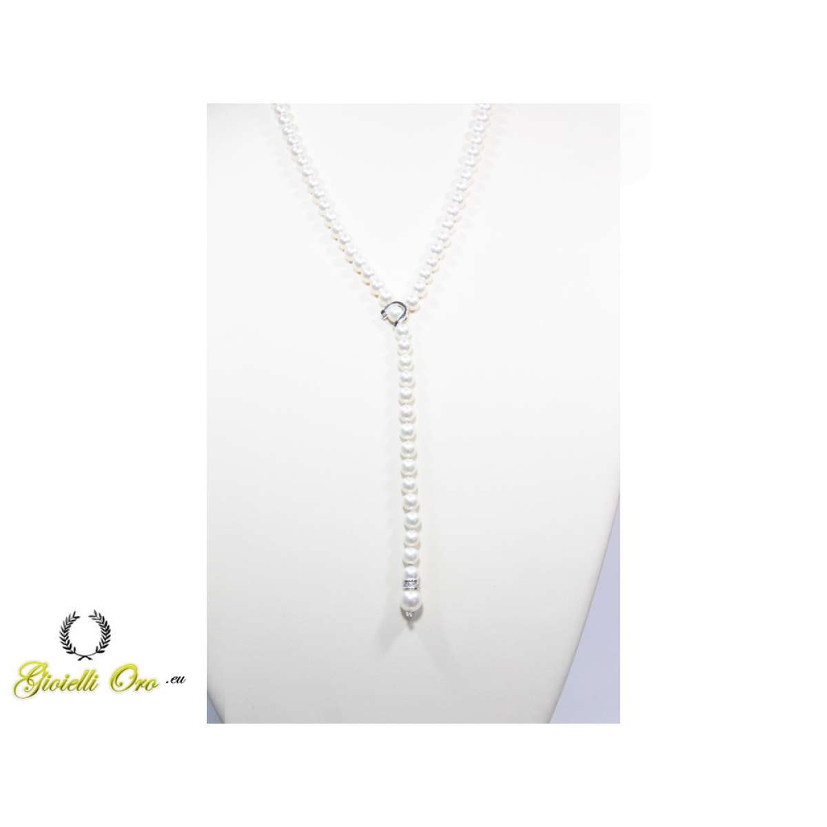 White gold lariat necklace Pearls 7.5mm and 10mm 0.06 carats diamonds G-VS1